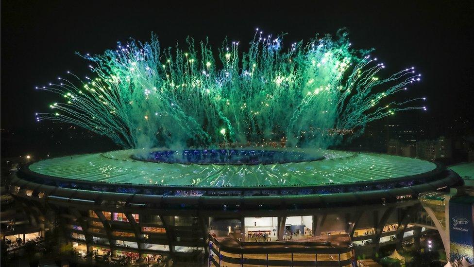 Fireworks explode during the Closing Ceremony 2016 Olympic Games at Maracana Stadium on August 21, 2016 in Rio de Janeiro, Brazil.