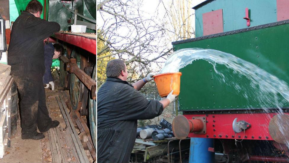 Steam engine being cleaned