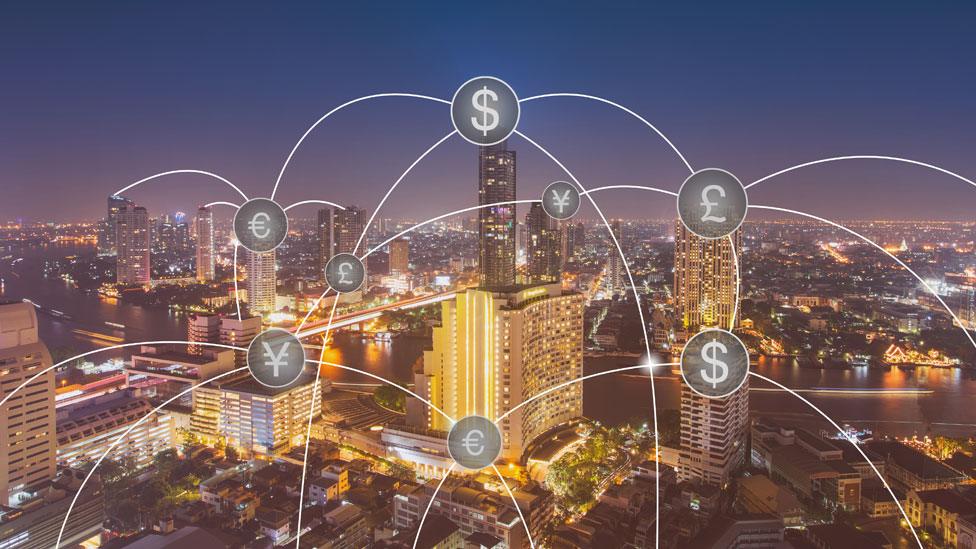 Graphic suggesting the transfer of financial information