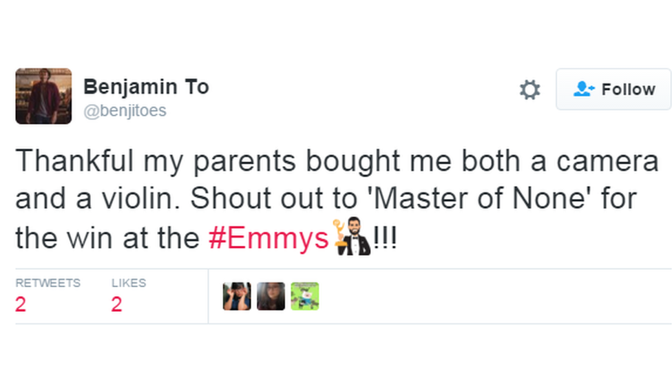 "Thankful my parents bought me both a camera and a violin. Shout out to Master of None for the win at the Emmys"