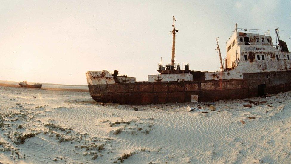 Abandoned ship in dried-up area of the Aral Sea in Kazakhstan