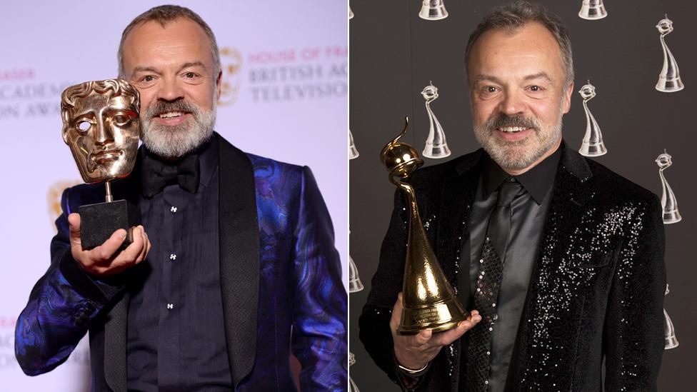 Graham Norton with his Bafta (left) and National Television Award