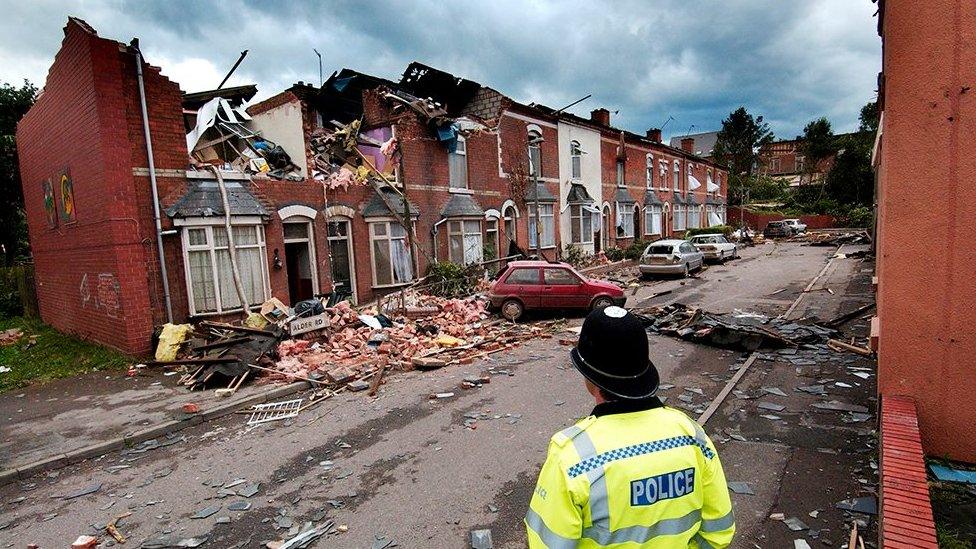 Tornado damage in Alder Road in Balsall Heath, Birmingham