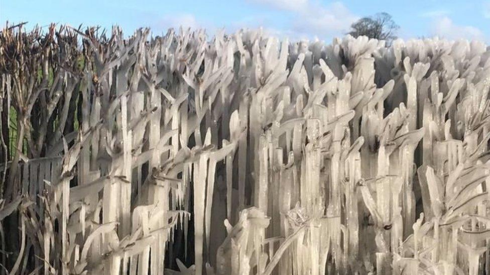 Ice formations near Llong on the way to Mold on a roadside