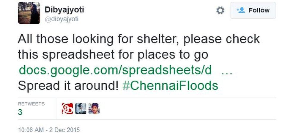 All those looking for shelter, please check this spreadsheet for places to go https://docs.google.com/spreadsheets/d/1rZc3e9scewKxbZBn0vfDqkxOTy_NJYUBSfsVPgnkmdY/htmlview?sle=true# … Spread it around! #ChennaiFloods