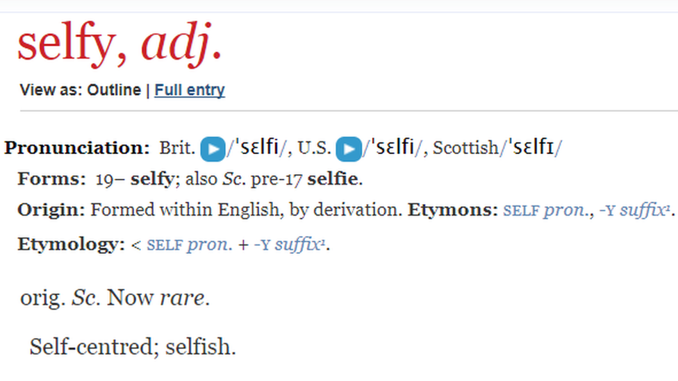 Screengrab of the definition of 'Selfy' from the Oxford English Dictionary "Self-centred; selfish."