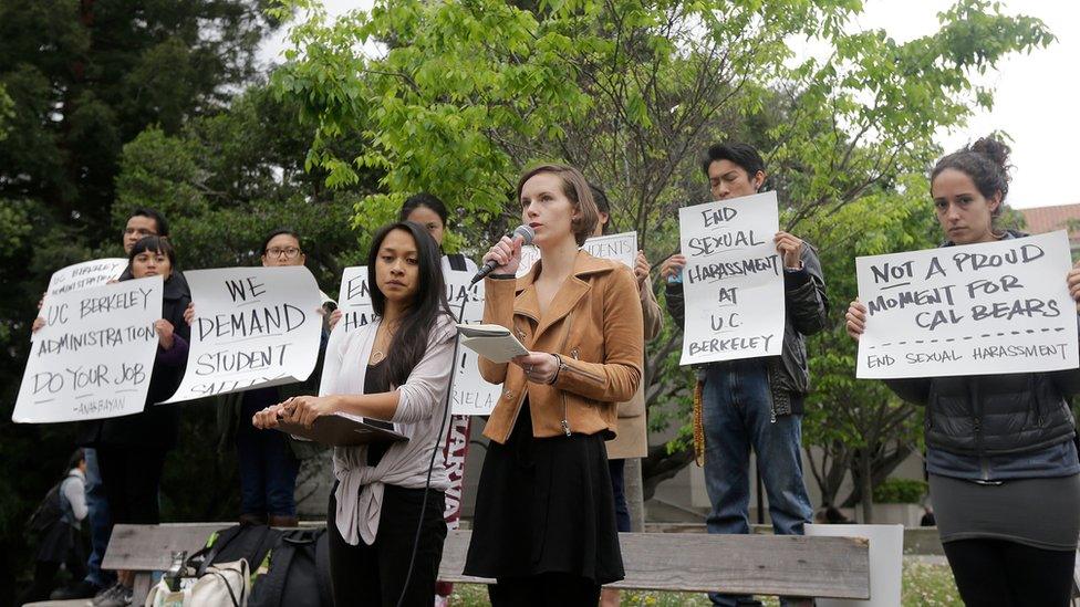 University of California graduate students Erin Bennett, center right, and Kathleen Gutierrez, speak at a news conference on the campus in Berkeley, Calif., Monday, April 11, 2016.