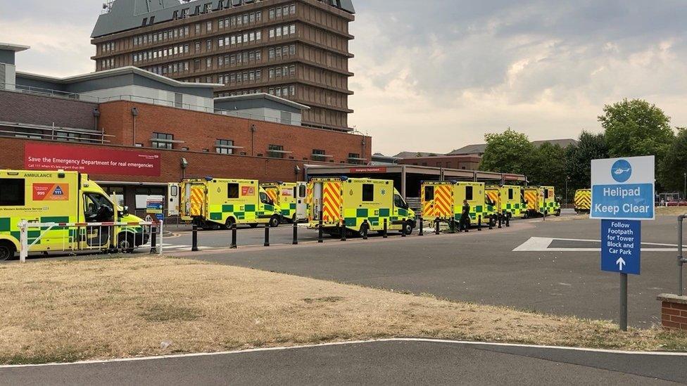 Ambulances queuing outside Gloucestershire Royal Hospital