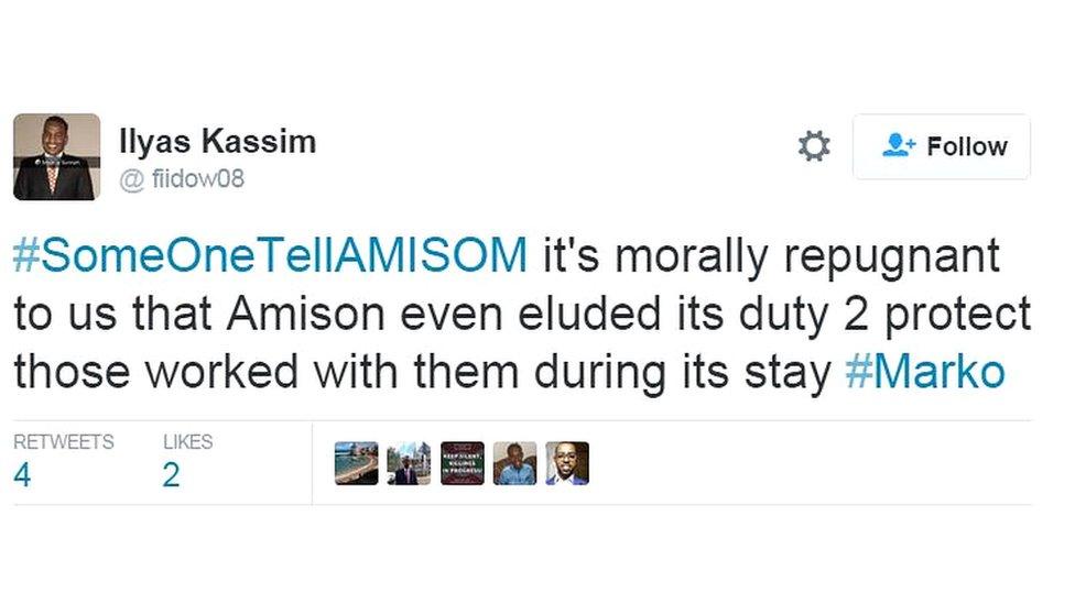 Ilyas Kassim tweets: #SomeOneTellAMISOM it's morally repugnant to us that Amison even eluded its duty 2 protect those worked with them during its stay #Marko