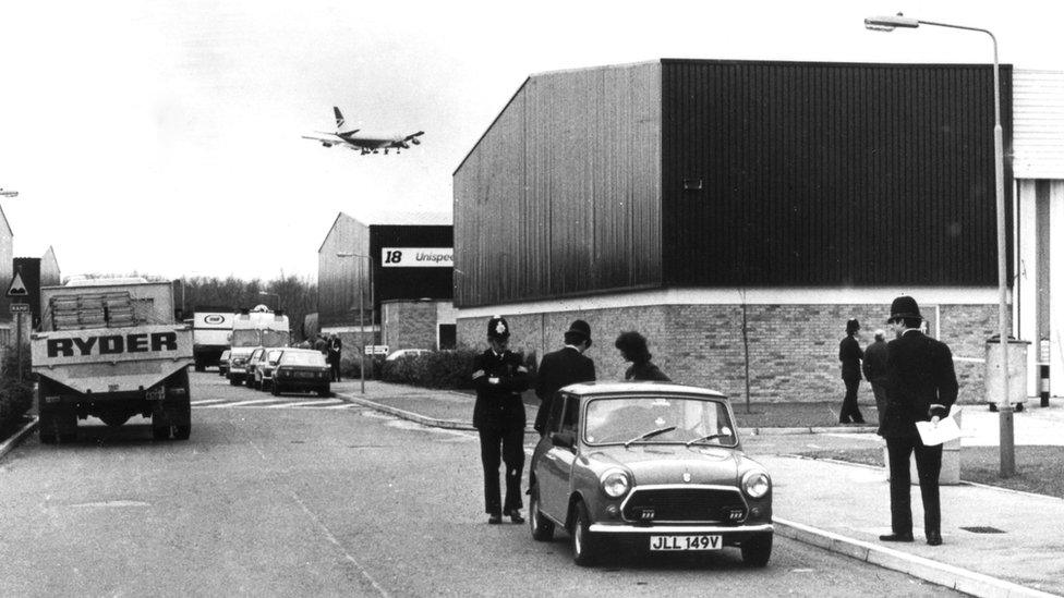 Police at the Brinks-Mat warehouse close to Heathrow Airport