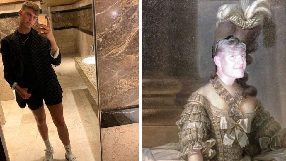 Jamie takes a photo in a marble bathroom in a structured blazer next to a photo of Jamie's face super imposed on Marie Antoinette