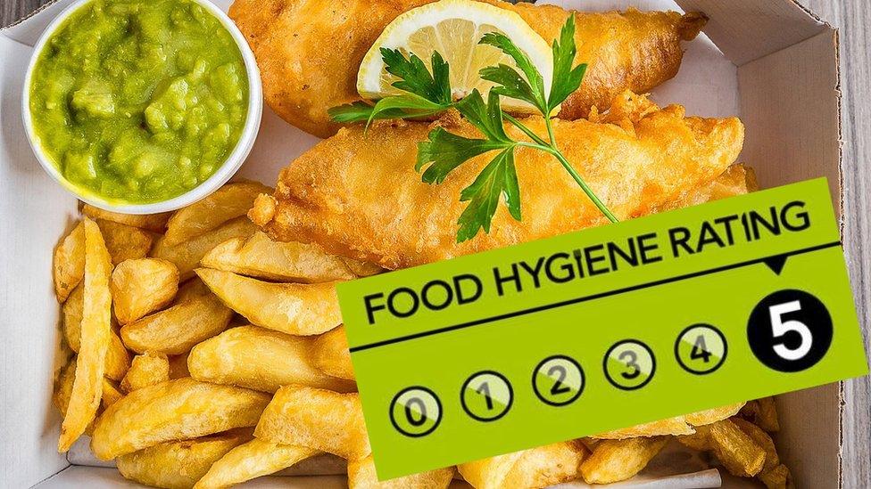 fish and chips and a hygiene rating banner