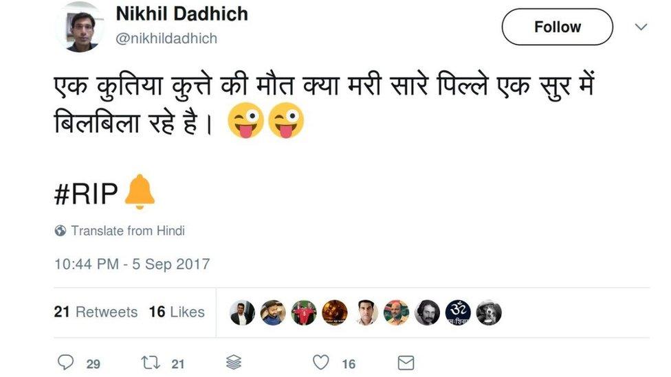 The Hindi tweet translates as: "A bitch died a dog’s death and all of her litter is crying in the same voice"