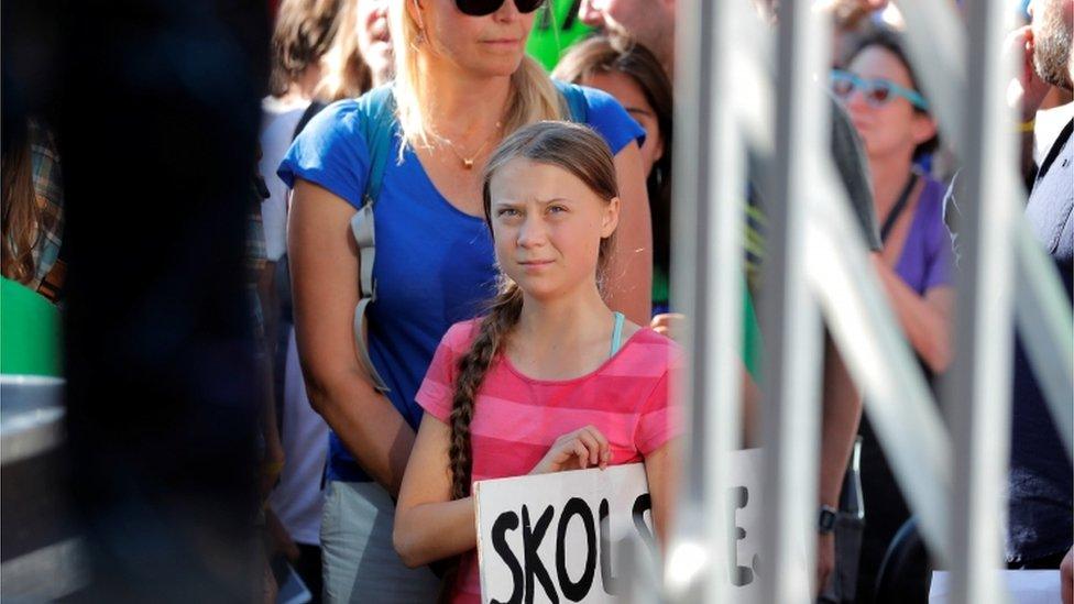 Greta Thunberg about to go on stage in New York to address demonstrators taking part in a global climate strike on 20 September 2019