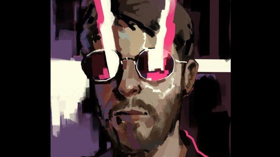 Illustration of Liam wearing sunglasses with pink light coming off the glass