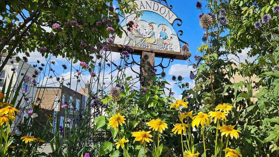 Flowers in bloom under Brandon town sign