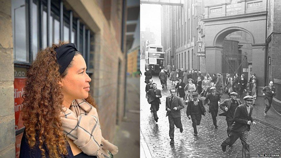 Alberta Whittle outside what remains of the North British Rubber Co alongside a picture from when the building was in operation