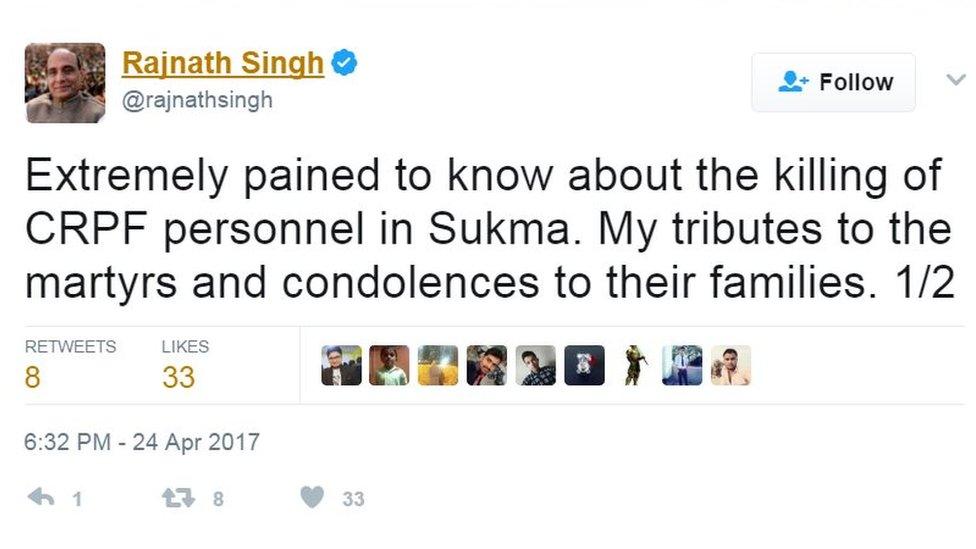 Rajnath Singh: Extremely pained to know about the killing of CRPF personnel in Sukma. My tributes to the martyrs and condolences to their families. 1/2