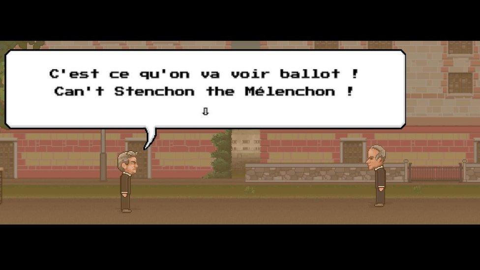 A scene from the game: Melenchon: We'll see about that you half-wit! You can't stump the Melenchon!