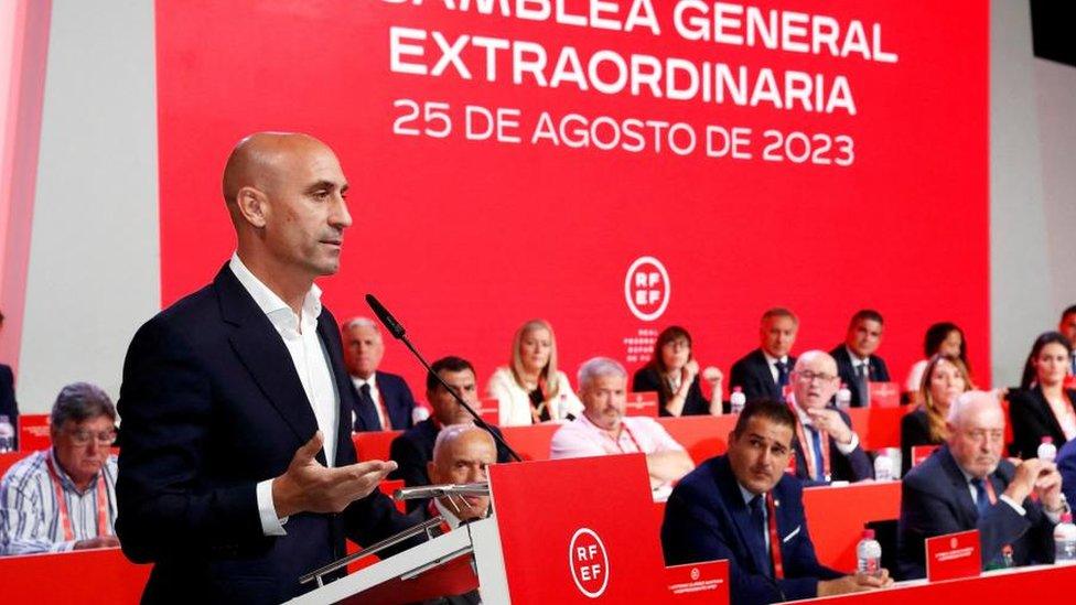 Luis Rubiales speaks at a general assembly called by the Spanish Football Federation