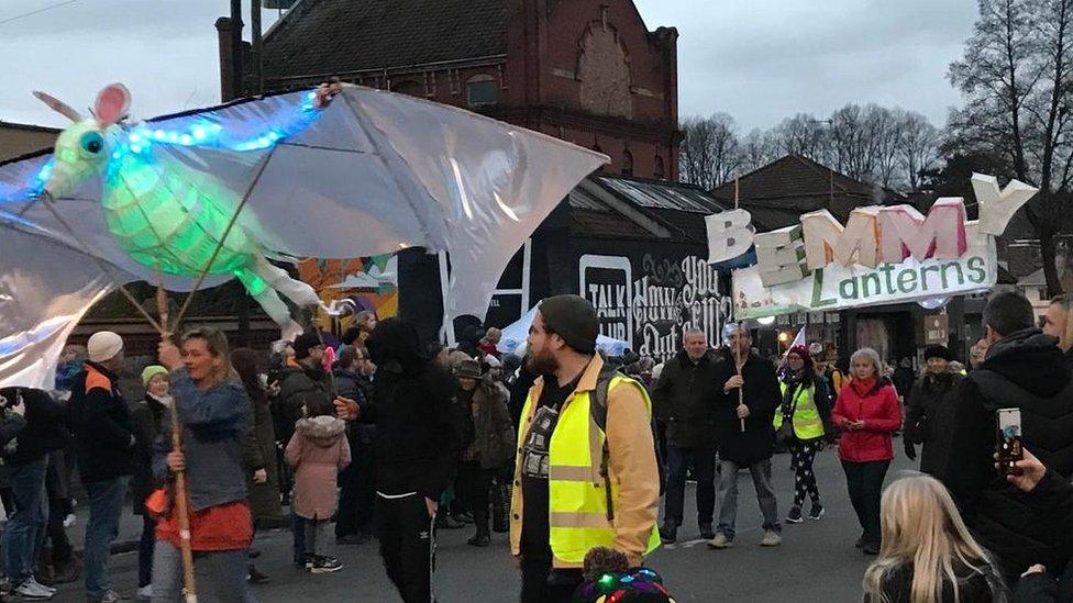 People walking and lanterns at Bedminster Winter Lantern Parade