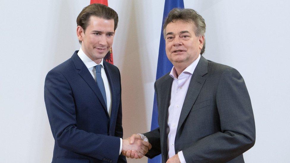 Sebastian Kurz, left, shaking hands with Werner Kogler, right