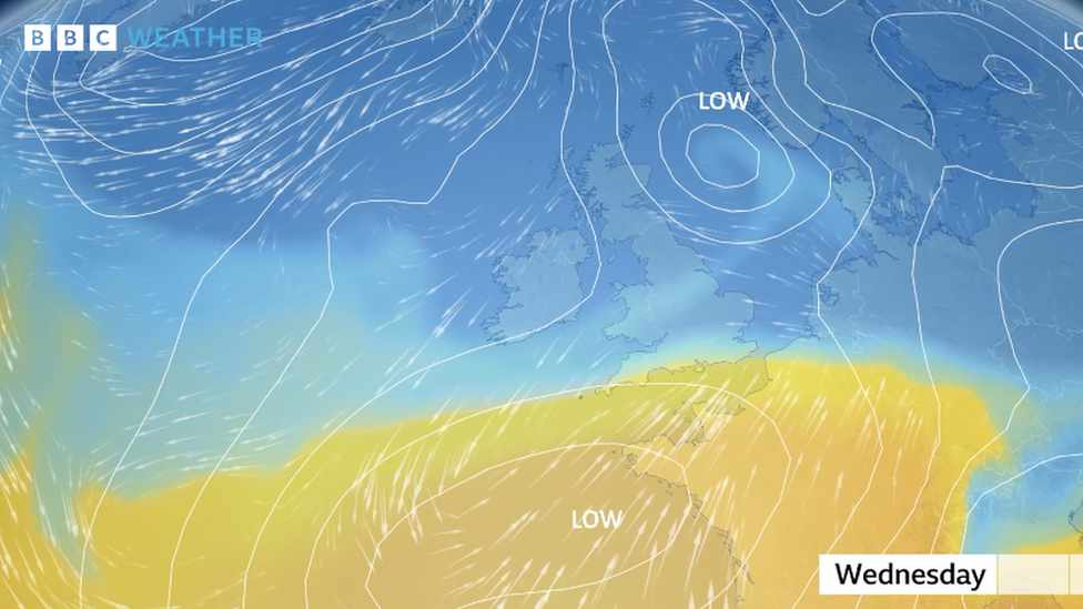 Weather graphic showing cold air across the UK and milder air to the south. The boundary of which is across southern England.