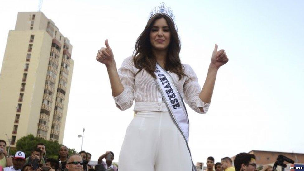 Miss Universe 2015 Paulina Vega of Colombia greets the media upon her arrival at Barranquilla May 1, 2015.