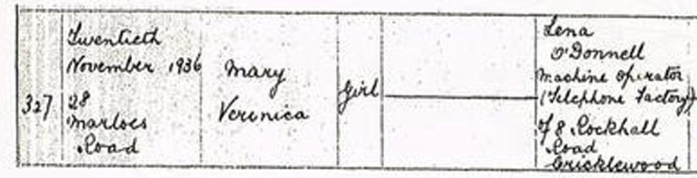 Anthea's birth certificate, where she is named Mary Veronica