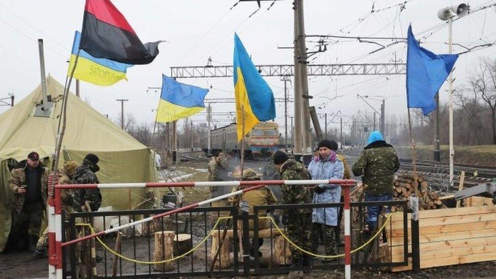 Ukrainian war veterans and activists block rail lines in Kryvyi Torets, eastern Ukraine. Photo: 23 February 2017