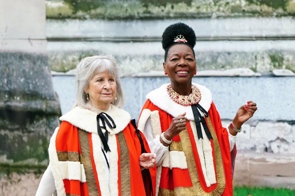 Baroness Floella Benjamin (right) arriving ahead of the Coronation