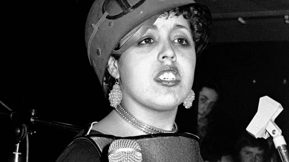 Poly Styrene of punk band X-Ray Spex on stage in 1977