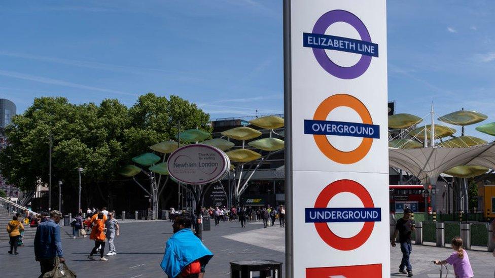 Sign outside Stratford station for the Elizabeth Line, DLR, Overground and London Underground