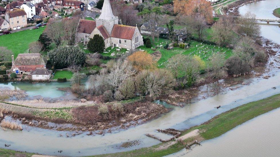 An aerial view of Alfriston which is flooded