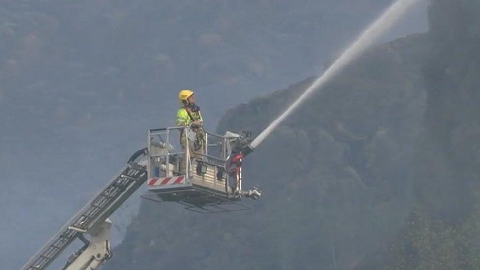 Aerial platform in operation with firefighter at Blaenau Ffestiniog