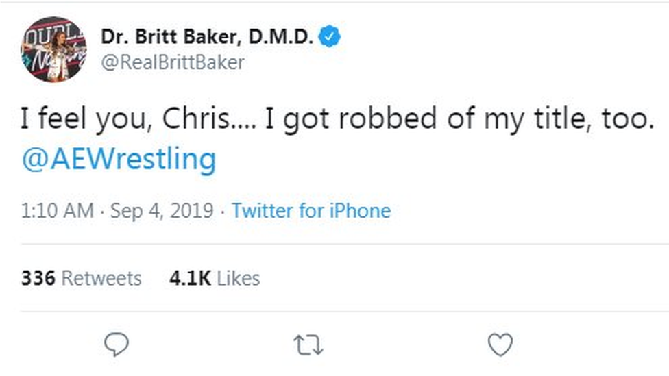 Britt Baker's tweet reads: "I feel you, Chris... I got robbed of my title, too."