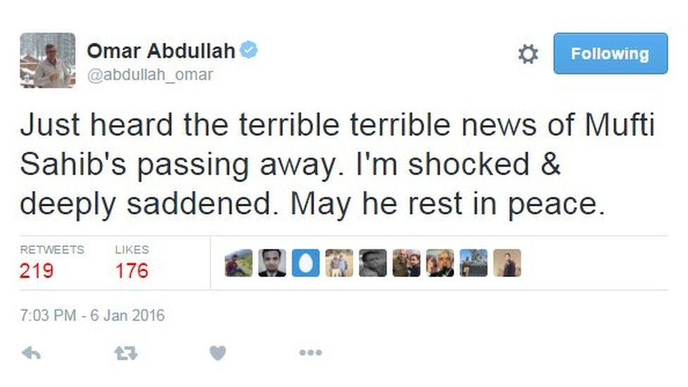 Omar Abdullah: Just heard the terrible terrible news of Mufti Sahib's passing away. I'm shocked & deeply saddened. May he rest in peace.