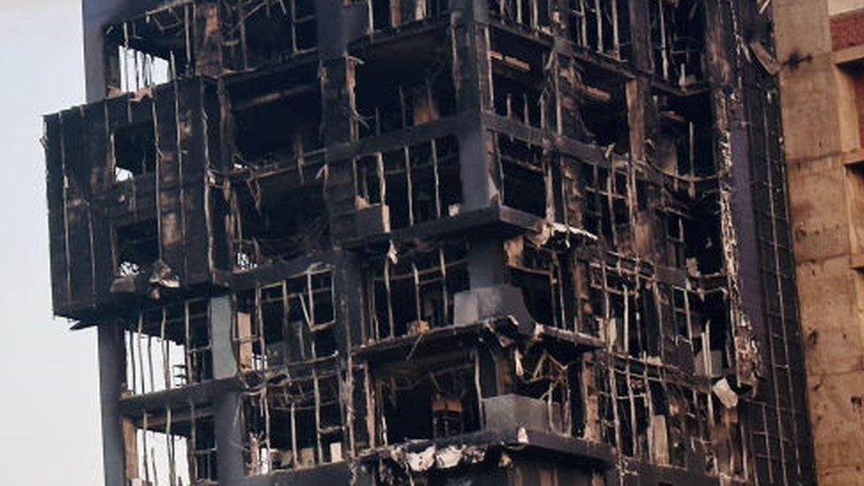 A view of a bank building burnt out in clashes between the Sudanese Armed Forces and the paramilitary Rapid Support Forces (RSF) despite the ceasefire in Khartoum, Sudan on April 29, 2023