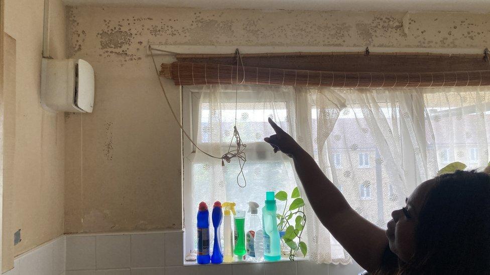 Lenoar Lane pointing at the mould in her kitchen