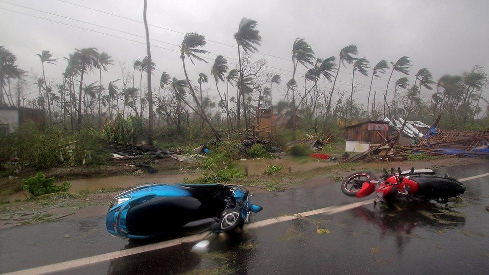 Damaged motorcyles on the highway after cyclone Fani made landfall in Odisha coast, at Konark in Puri district Odisha, India 03 May 201