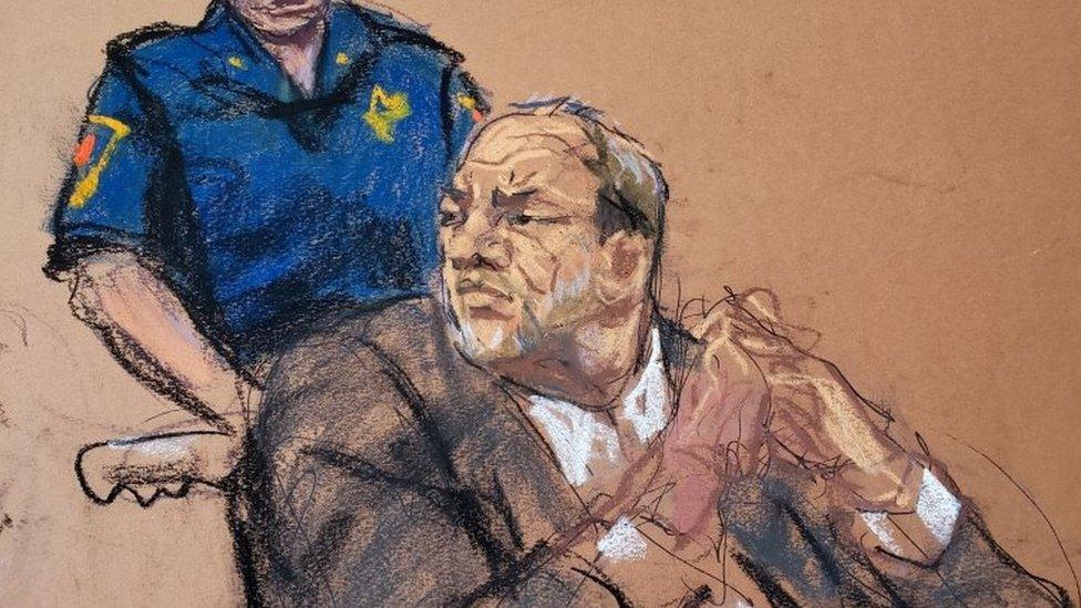 Court sketch depicts Harvey Weinstein watching as Jessica Mann makes a statement