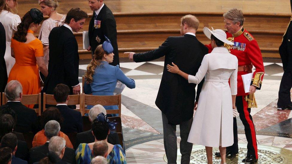 Prince Harry and Meghan, Duchess of Sussex, arrive for the National Service of Thanksgiving