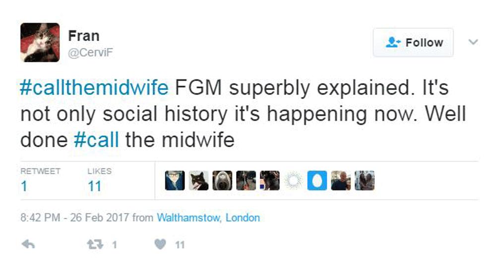 #callthemidwife FGM superbly explained. It's not only social history it's happening now. Well done #call the midwife.