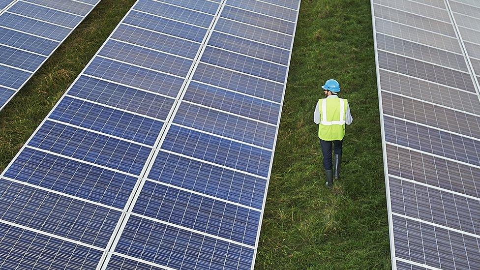 Man walking past solar panels