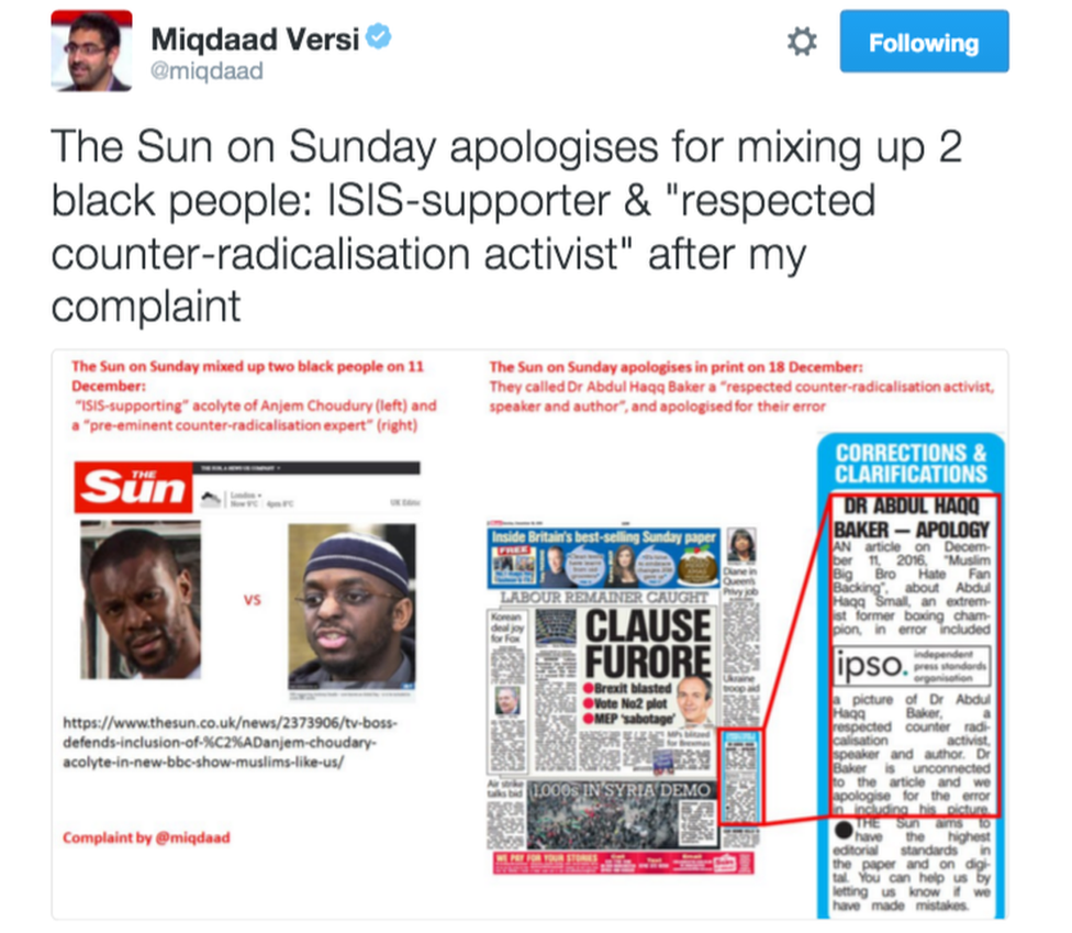 Tweet from Miqdaad Versi reading: 'The Sun on Sunday apologises for mixing up 2 black people: ISIS-supporter & "respected counter-radicalisation activist" after my complaint'