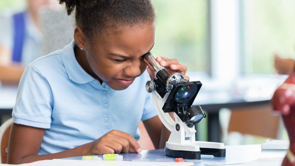 Girl looking into a microscope.