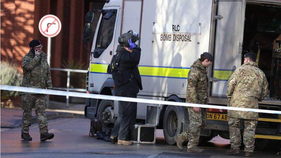 A bomb disposal team outside St James's Hospital in Leeds