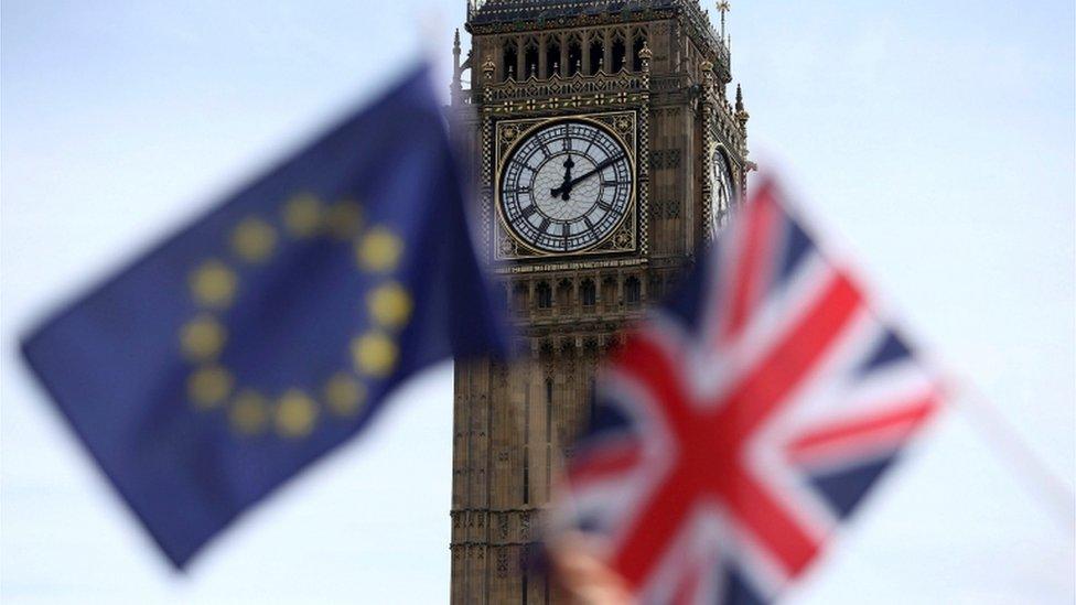 Parliament with the EU and union jack flags in front of it