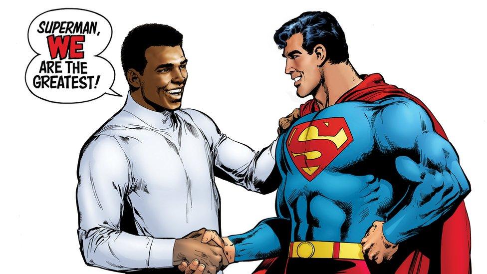 Muhammad Ali and Superman shake hands