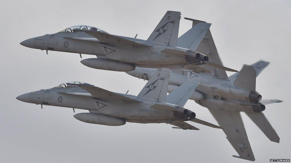 Royal Australian Air Force F-18 Hornets perform during the Australian International Airshow at the Avalon Airfield near Lara southwest of Melbourne on February 24, 2015